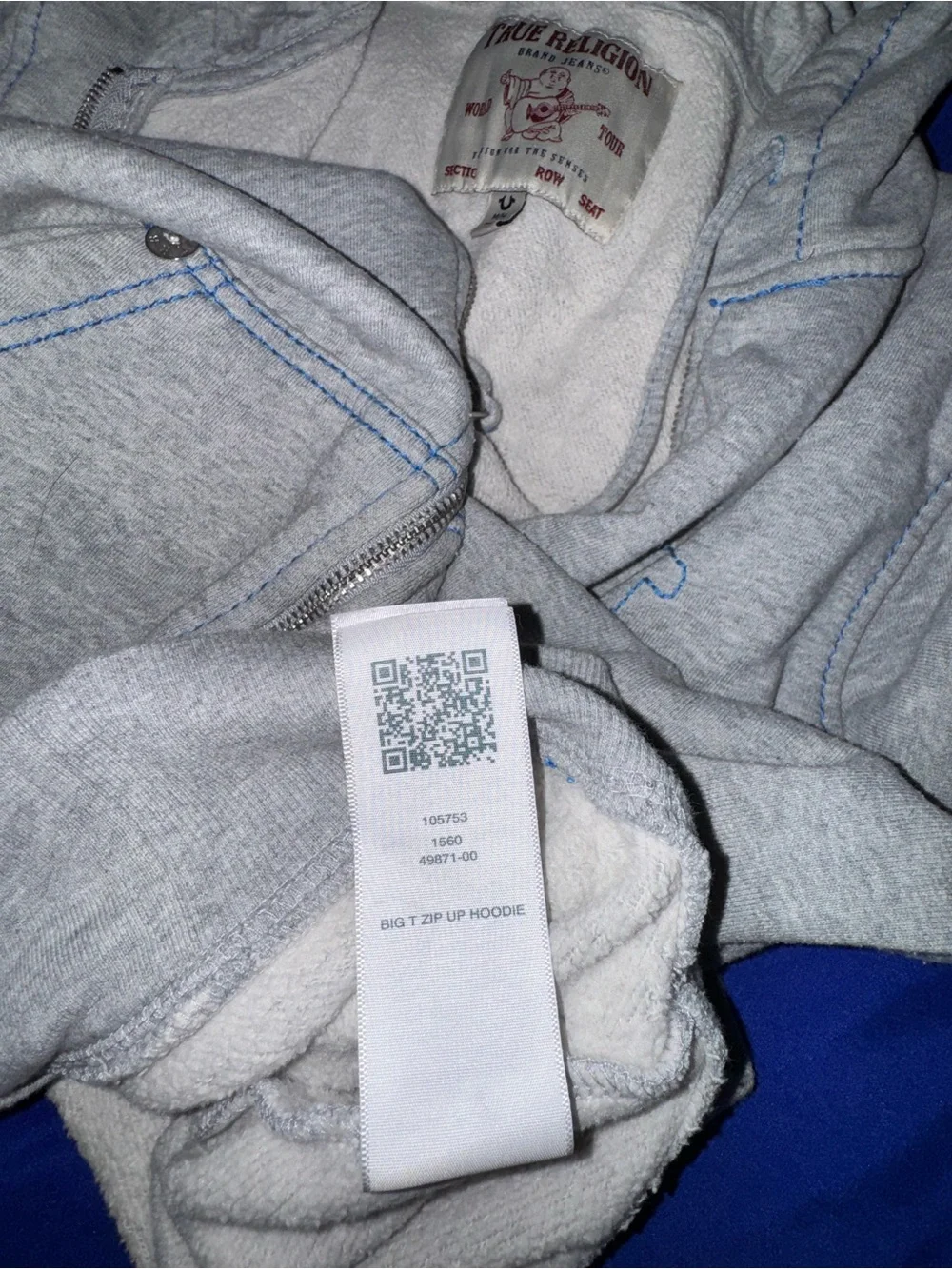 True Religion Light Gray Zip Hoodie with Blue Back Logo